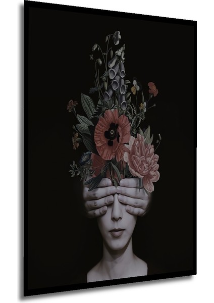 Gızemlı Kadın ve Çiçekler Kara Kalem Görünümlü Ahşap Dekoratif Tablo Dikdörtgen Tablo