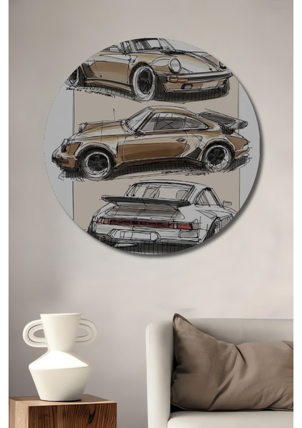 Ahşap Dekoratif Tablo Klasik Araba Kara Kalem Görünümlü Sanat Eseri Yuvarlak Tablo