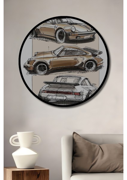 Ahşap Dekoratif Tablo Klasik Araba Kara Kalem Görünümlü Sanat Eseri Yuvarlak Tablo fiyatları