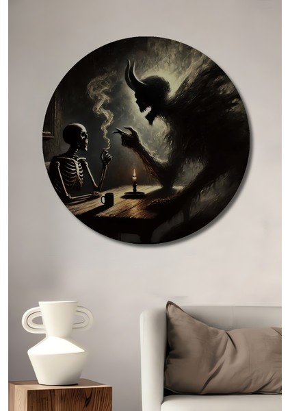 Şeytan Iskelet Sohbeti Yağlı Boya Görünümlü Ahşap Dekoratif Tablo Yuvarlak Tablo