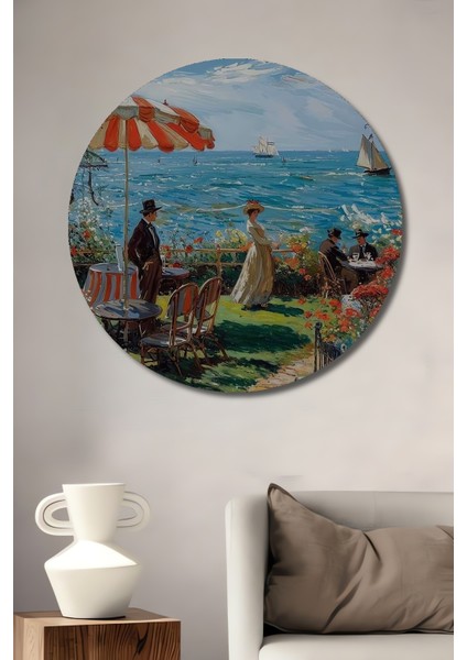 Deniz Kenarında Yağlı Boya Görünümlü Klasik Sanat Ahşap Dekoratif Tablo Yuvarlak Tablo