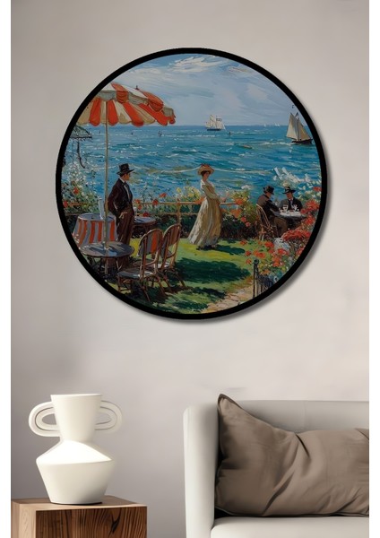 Deniz Kenarında Yağlı Boya Görünümlü Klasik Sanat Ahşap Dekoratif Tablo Yuvarlak Tablo fiyatları