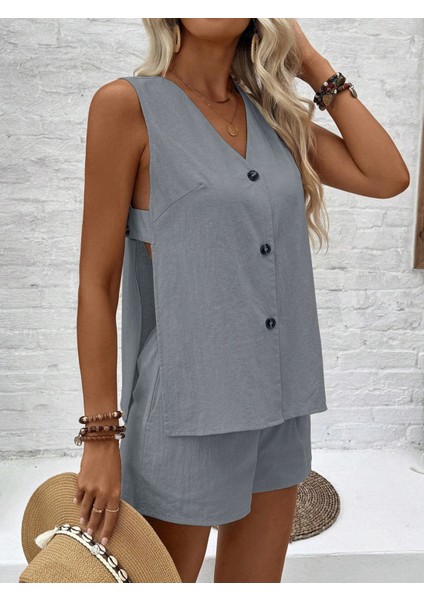 Keten Yazlık Kolsuz Bluz Şort İkili Takım indirimleri