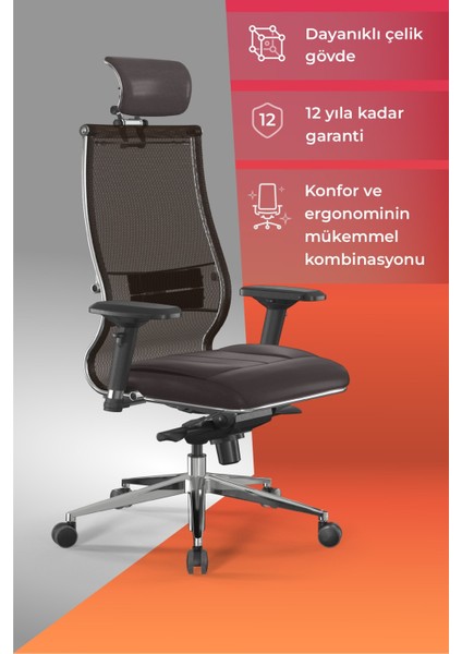 Samurai Ergonomik Koltuk | Bel Destekli, Tekerlekli, Yükseklik Ayarlı, Yönetici Koltuğu - 23.3.5.61 Kahverengi