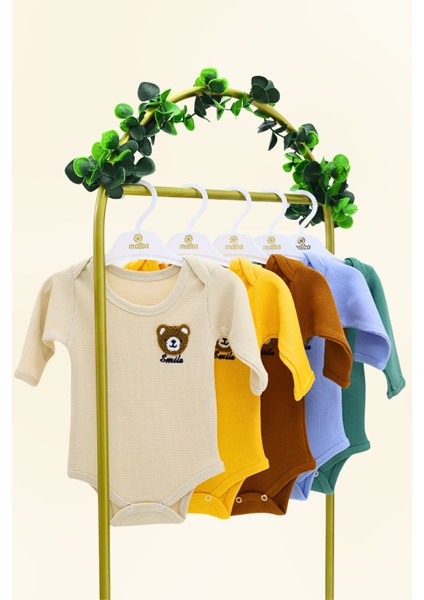 Mağazacılık 5'li Bebek Çıtçıtlı Uzun Kollu Renkli Smile Desenli Zıbın %100 Organik Pamuk Waffle Kumaş