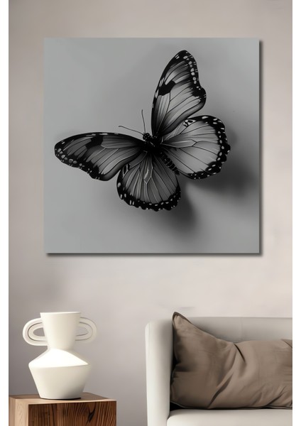 Siyah Beyaz Kelebek Kara Kalem Görünümlü Dekoratif Ahşap Tablo Dikdörtgen Tablo