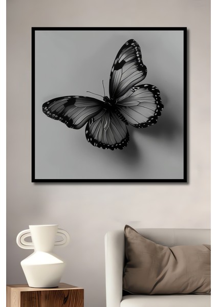 Siyah Beyaz Kelebek Kara Kalem Görünümlü Dekoratif Ahşap Tablo Dikdörtgen Tablo fiyatları