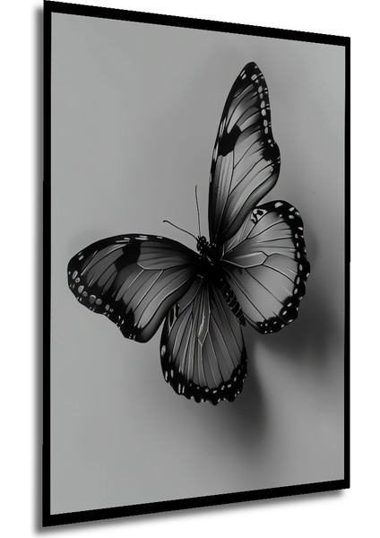 Siyah Beyaz Kelebek Kara Kalem Görünümlü Dekoratif Ahşap Tablo Dikdörtgen Tablo