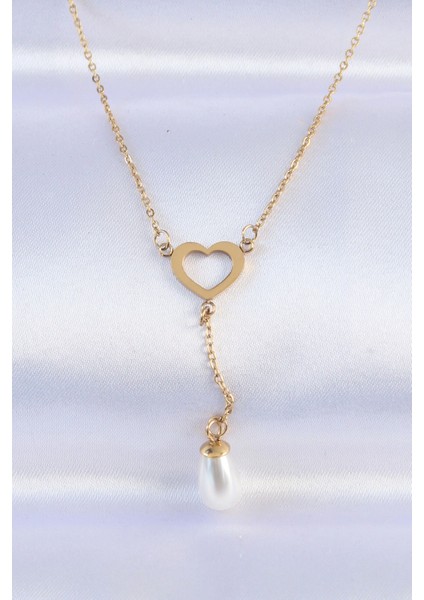 316L Çelik Zincir Gold Renk Inci Taş Detay Kalp Kolye - TJ-BKO8731
