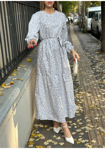 Kadın Uzun Kollu Bisiklet Yaka Papatya Desen Kuşak Dahil Maxi Boy Elbise modelleri