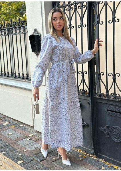 Kadın Uzun Kollu Bisiklet Yaka Papatya Desen Kuşak Dahil Maxi Boy Elbise indirimleri