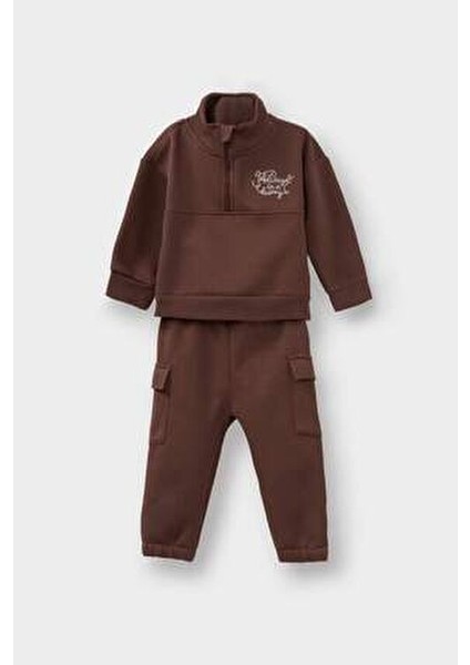 Erkek Bebek 2'li Takım Baskılı Yarım Fermuarlı Sweatshirt Eşofman Altı