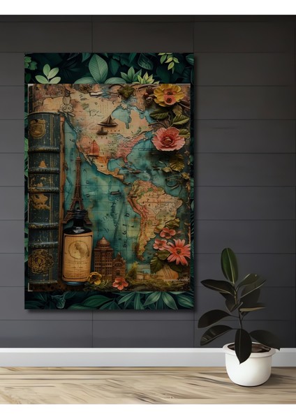 Antika Dünya Haritası Desenli Yağlı Boya Görünümlü Dekoratif Ahşap Tablo Dikdörtgen Tablo