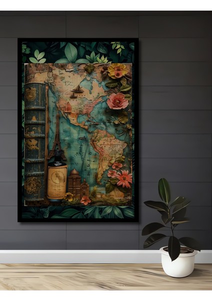 Antika Dünya Haritası Desenli Yağlı Boya Görünümlü Dekoratif Ahşap Tablo Dikdörtgen Tablo fiyatları