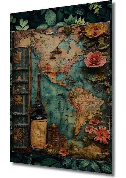 Antika Dünya Haritası Desenli Yağlı Boya Görünümlü Dekoratif Ahşap Tablo Dikdörtgen Tablo modelleri