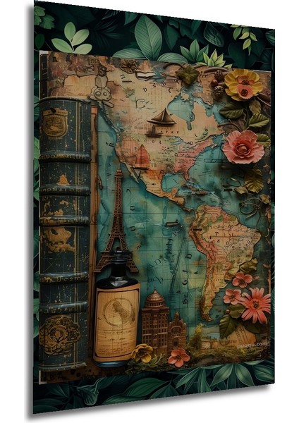 Antika Dünya Haritası Desenli Yağlı Boya Görünümlü Dekoratif Ahşap Tablo Dikdörtgen Tablo fırsatları