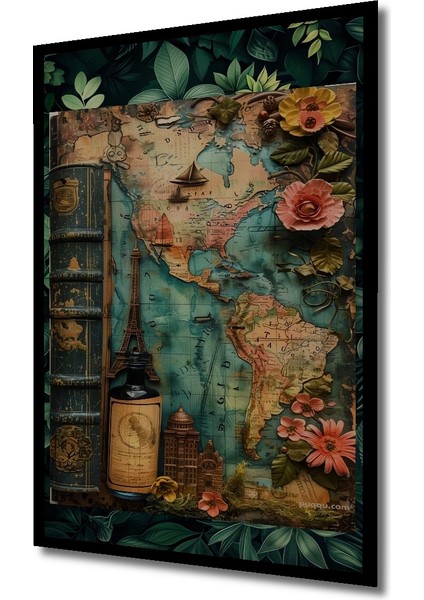Antika Dünya Haritası Desenli Yağlı Boya Görünümlü Dekoratif Ahşap Tablo Dikdörtgen Tablo indirimleri