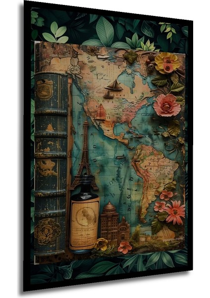 Antika Dünya Haritası Desenli Yağlı Boya Görünümlü Dekoratif Ahşap Tablo Dikdörtgen Tablo