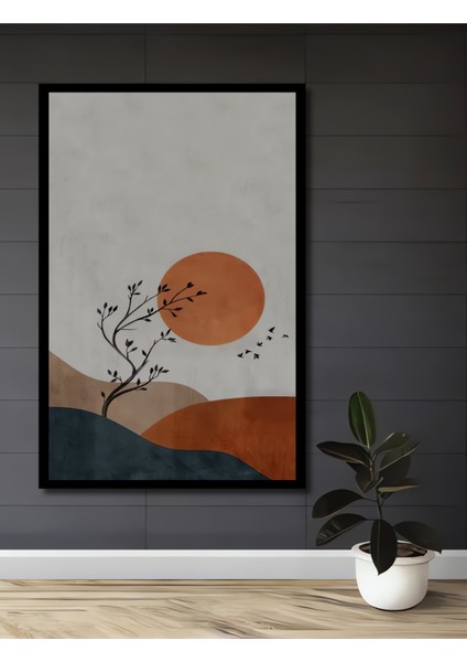 Batan Güneş ve Ağaç Silüeti Sulu Boya Görünümlü Modern Sanat Ahşap Dekoratif Tablo Dikdörtgen Tablo fiyatları