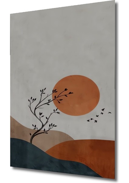 Batan Güneş ve Ağaç Silüeti Sulu Boya Görünümlü Modern Sanat Ahşap Dekoratif Tablo Dikdörtgen Tablo modelleri