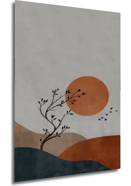Batan Güneş ve Ağaç Silüeti Sulu Boya Görünümlü Modern Sanat Ahşap Dekoratif Tablo Dikdörtgen Tablo fırsatları