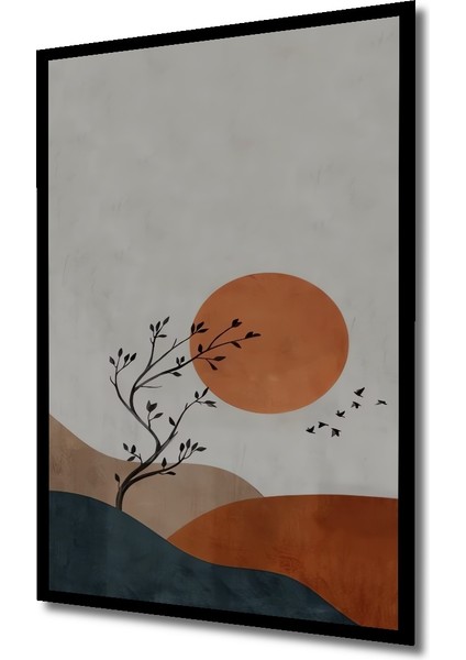 Batan Güneş ve Ağaç Silüeti Sulu Boya Görünümlü Modern Sanat Ahşap Dekoratif Tablo Dikdörtgen Tablo indirimleri