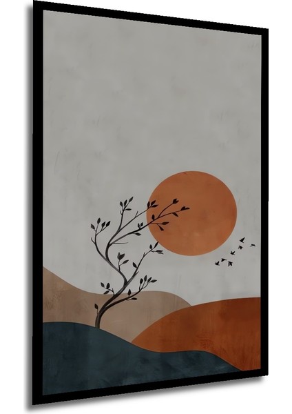 Batan Güneş ve Ağaç Silüeti Sulu Boya Görünümlü Modern Sanat Ahşap Dekoratif Tablo Dikdörtgen Tablo