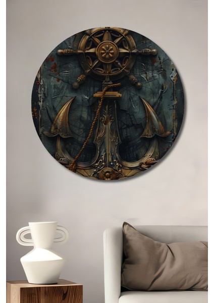 Antika Gemi Dümeni Çapa Görünümlü Yağlı Boya Sanat Tablosu Yuvarlak Tablo