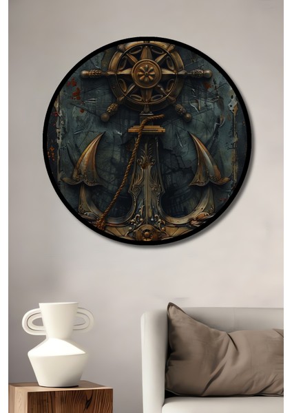Antika Gemi Dümeni Çapa Görünümlü Yağlı Boya Sanat Tablosu Yuvarlak Tablo fiyatları