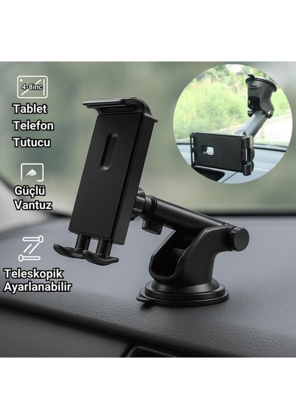 Teleskopik Vantuzlu Araç Tablet Tutucu Araç Telefon Tutucu Torpido Üzeri Cama Yapışan Araç Tablet Tutucu