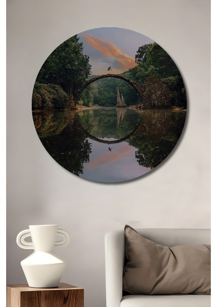 Dev Çekim Köprü Sanat Tablosu Yağlı Boya Görünümlü Ahşap Dekoratif Tablo Yuvarlak Tablo