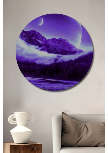 Mor Gezegen Manzarası Yağlı Boya Görünümlü Ahşap Dekoratif Tablo Yuvarlak Tablo