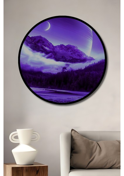Mor Gezegen Manzarası Yağlı Boya Görünümlü Ahşap Dekoratif Tablo Yuvarlak Tablo fiyatları