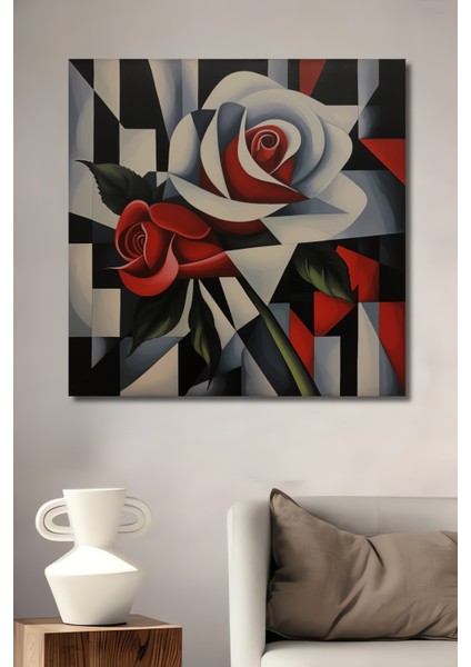 Kırmızı Beyaz Iki Gül Modern Soyut Yağlı Boya Görünümlü Ahşap Dekoratif Tablo Dikdörtgen Tablo