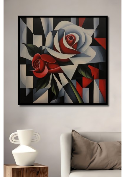 Kırmızı Beyaz Iki Gül Modern Soyut Yağlı Boya Görünümlü Ahşap Dekoratif Tablo Dikdörtgen Tablo fiyatları