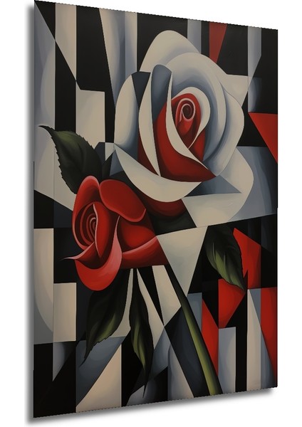 Kırmızı Beyaz Iki Gül Modern Soyut Yağlı Boya Görünümlü Ahşap Dekoratif Tablo Dikdörtgen Tablo fırsatları
