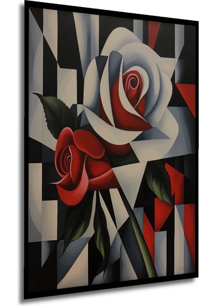 Kırmızı Beyaz Iki Gül Modern Soyut Yağlı Boya Görünümlü Ahşap Dekoratif Tablo Dikdörtgen Tablo