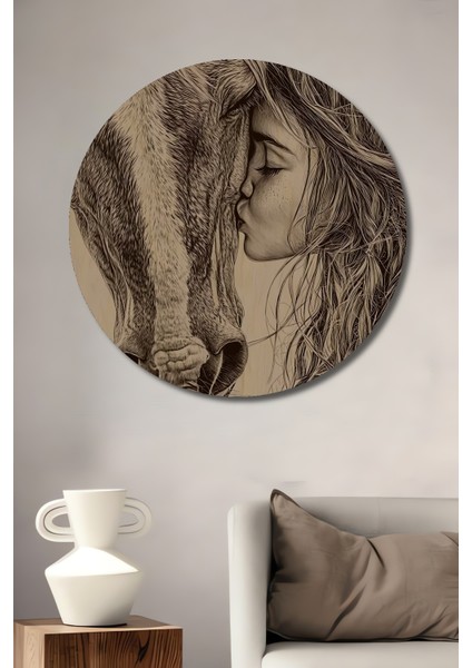 Kara Kalem Görünümlü Ahşap Dekoratif Tablo At ve Kız Öpücüğü Yuvarlak Tablo