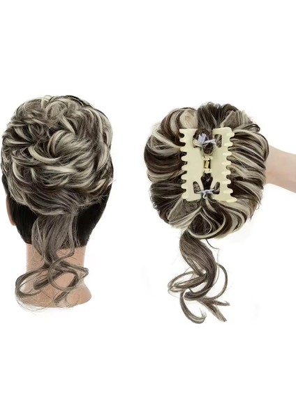 Tokalı Kuyruklu Dağınık Topuz - Koyu Kahve Platin Röfleli