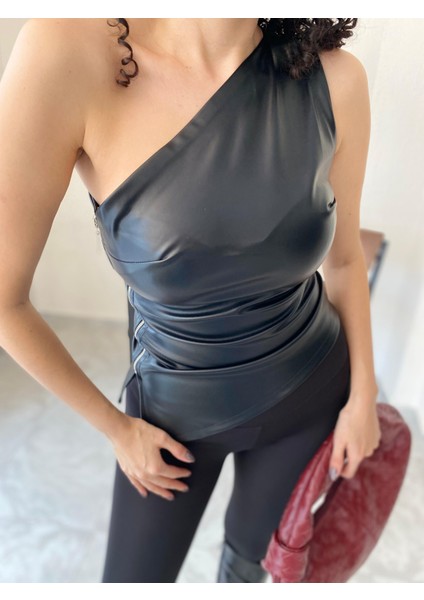 Premium Deri Yandan Fermuarlı Bluz