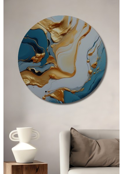 Altın Mermer Efektli Akıcı Soyut Sanat Dekoratif Ahşap Tablo Yuvarlak Tablo