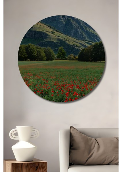 Kırmızı Gelincik Tarlası Yağlı Boya Görünümlü Dekoratif Ahşap Tablo Yuvarlak Tablo