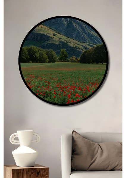 Kırmızı Gelincik Tarlası Yağlı Boya Görünümlü Dekoratif Ahşap Tablo Yuvarlak Tablo fiyatları