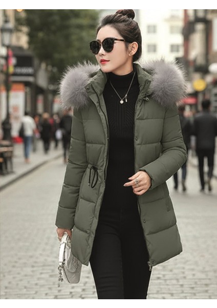Kışlık Kürk Detaylı Orta Boy Kadın Şişme Mont co122haki2 modelleri