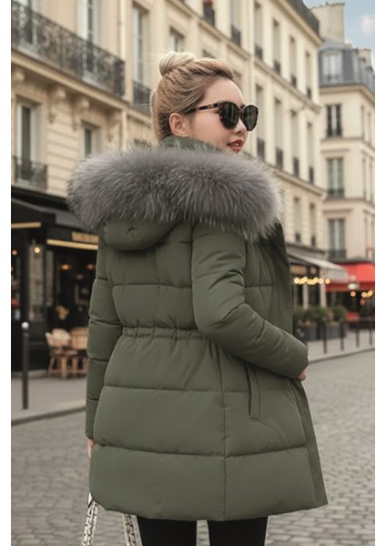 Kışlık Kürk Detaylı Orta Boy Kadın Şişme Mont co122haki2 fırsatları