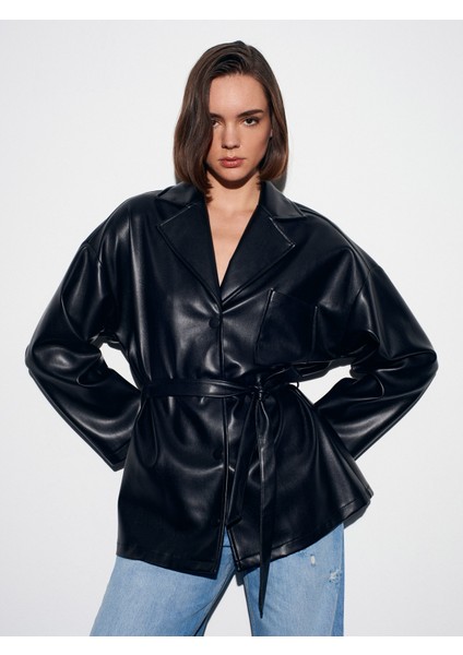 50533 Kemerli Suni Deri Ceket-Siyah
