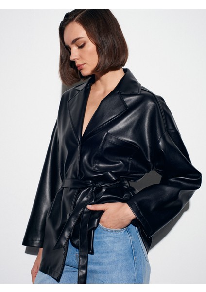 50533 Kemerli Suni Deri Ceket-Siyah modelleri