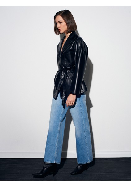 50533 Kemerli Suni Deri Ceket-Siyah indirimleri