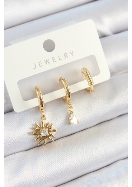 Pirinç Zirkon Taşlı Güneş Model Gold Renk 3'lü Çift Kadın Küpe Set - Lisinya