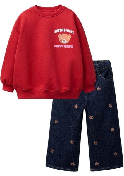 Kız Çocuk Pamuklu Kırmızı Ayı Baskılı Sweatshirt ve Nakışlı Kot Pantolon Takım – Rahat Günlük Stil fiyatları